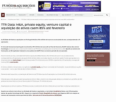 TTR Data: M&A, private equity, venture capital e aquisio de ativos caem 85% at fevereiro